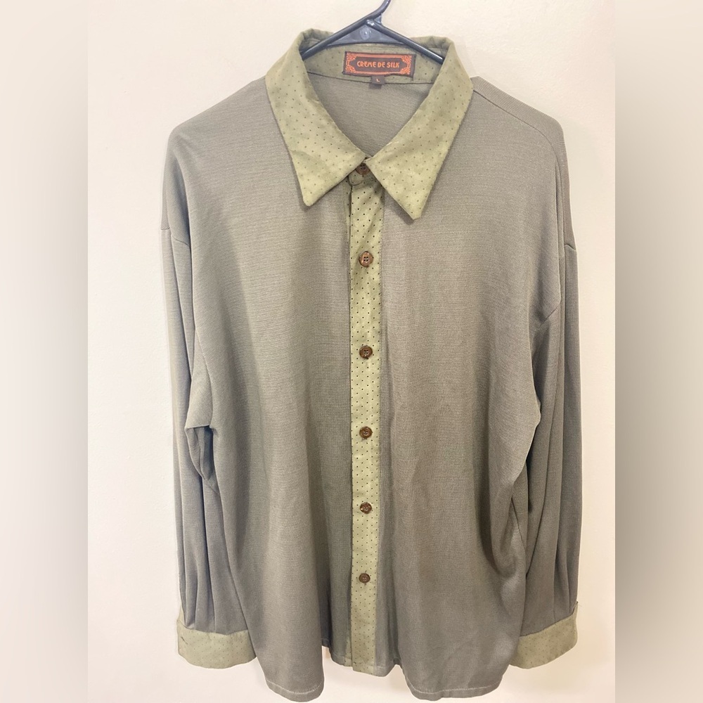 Vintage CREME DE SILK Olive Green Button Down Men's shirt size Large.excellent - Picture 2 of 13